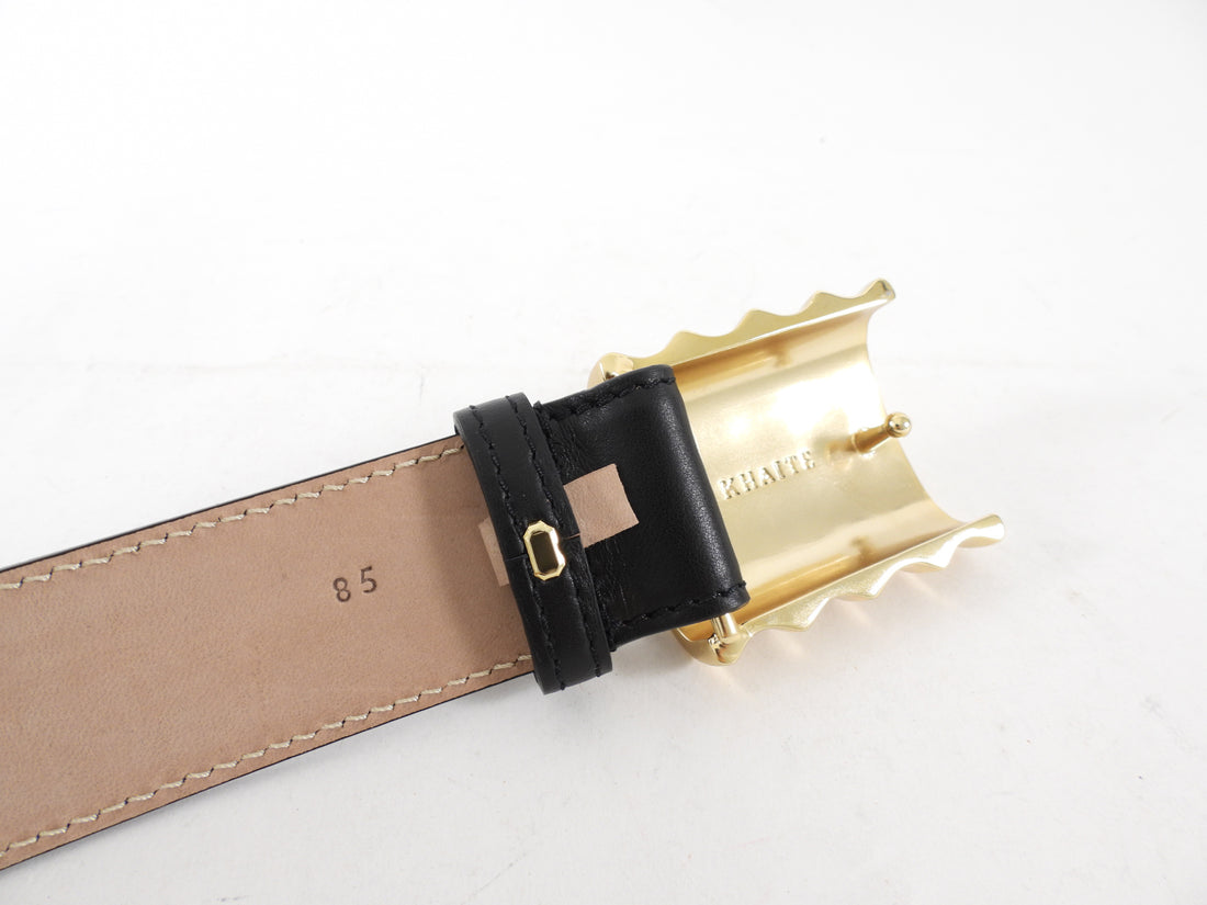 Khaite Julius Medium Black Leather Wide Gold Buckle Belt - 85