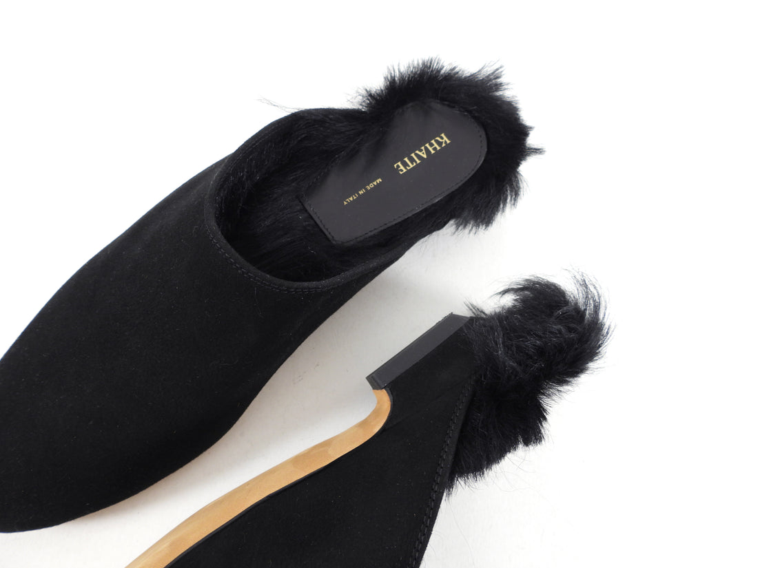 Khaite Black Otto Shearling Kitten Heel Slip on Mules - 37