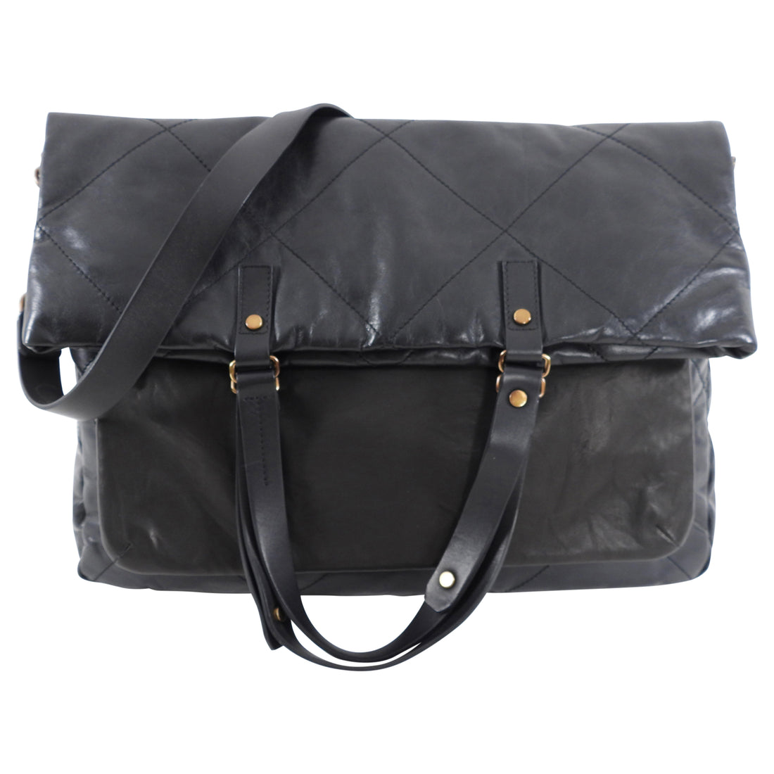 Lanvin Black Leather Messenger Fold Over Tote Bag