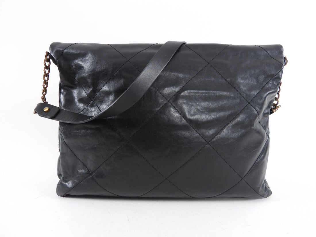 Lanvin Black Leather Messenger Fold Over Tote Bag