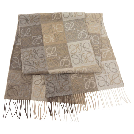 Loewe Taupe Brown Wool And Cashmere Checkerboard Anagram Scarf
