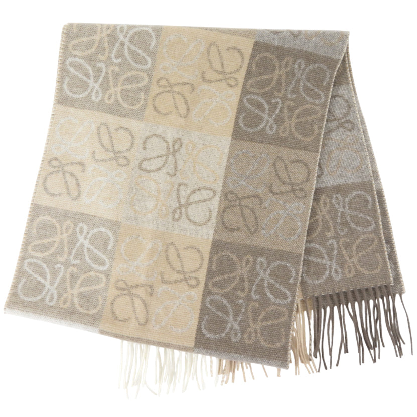 Loewe Taupe Brown Wool And Cashmere Checkerboard Anagram Scarf