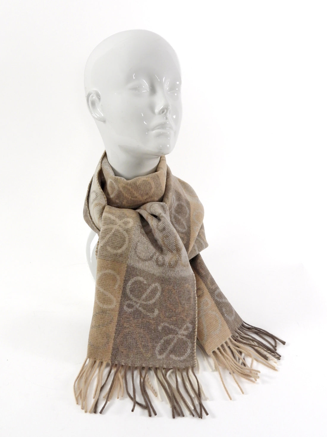 Loewe Taupe Brown Wool And Cashmere Checkerboard Anagram Scarf