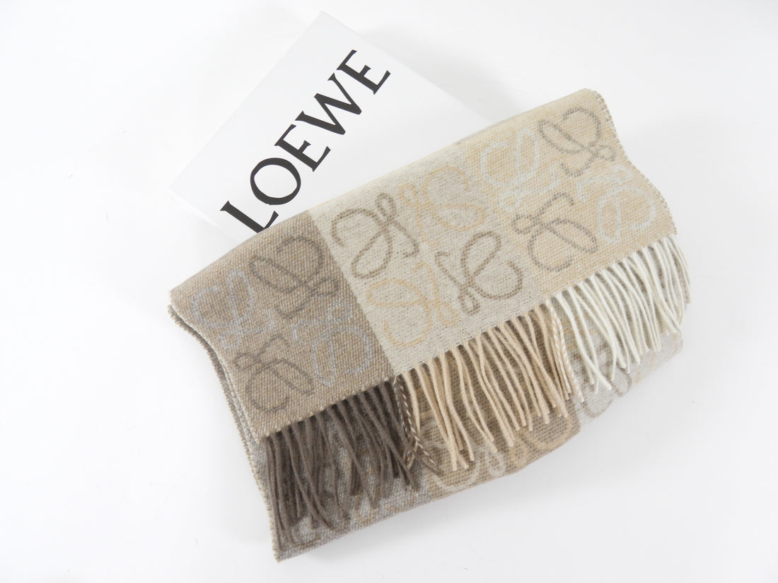 Loewe Taupe Brown Wool And Cashmere Checkerboard Anagram Scarf