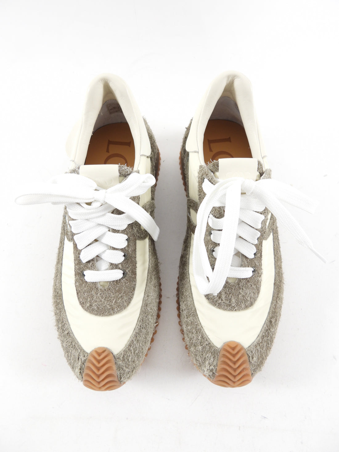 Loewe Taupe Suede and Ivory Nylon Combo Sneakers - USA 7