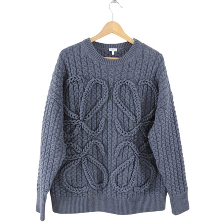 Loewe Charcoal Grey Cable Knit Wool Anagram Logo Pullover Sweater
