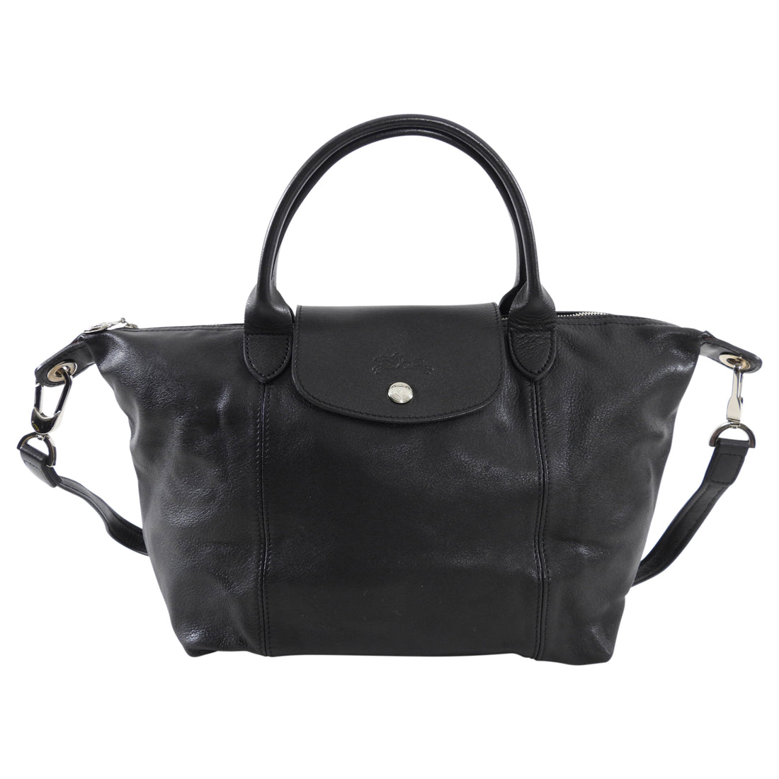 Longchamp Black Leather Folding Travel Tote Bag