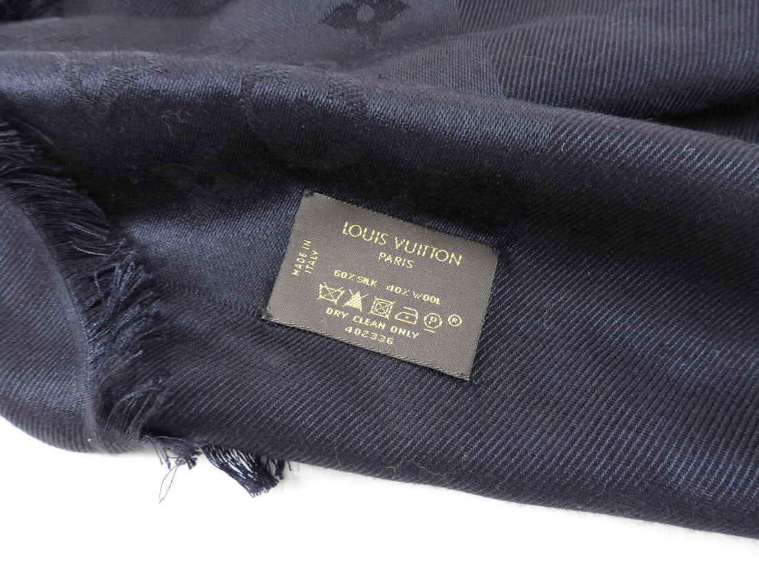 LV Black Monogram Silk / Wool Large Shawl Scarf