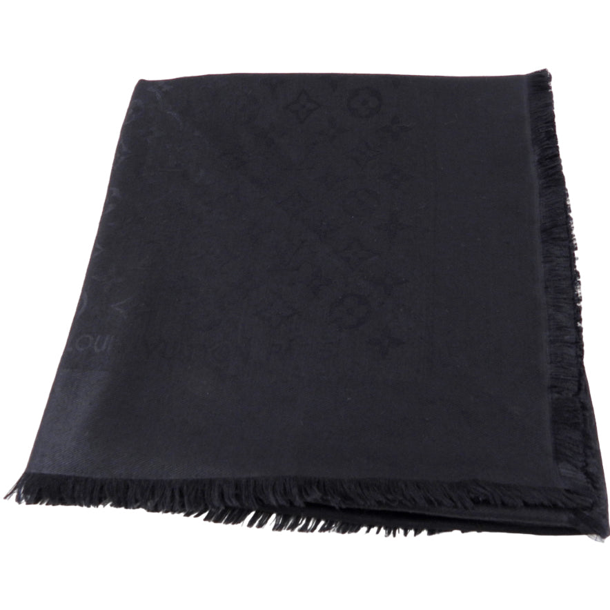 LV Black Monogram Silk / Wool Large Shawl Scarf