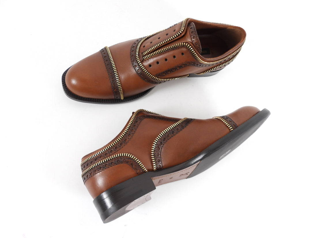 Louis Vuitton Cognac Brown Leather Zipper Detail Oxford Shoes - 36