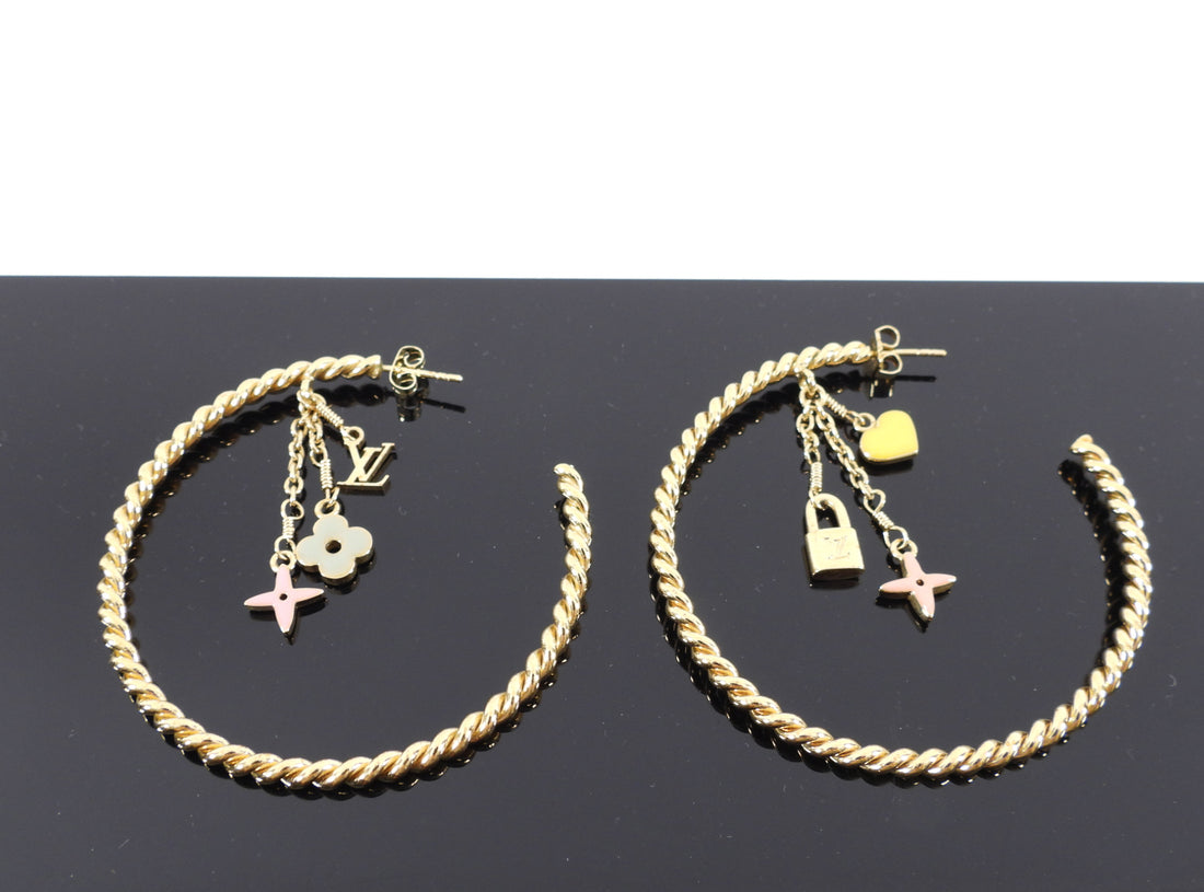 Louis Vuitton Enamel Charm Large Goldtone Hoop Earrings