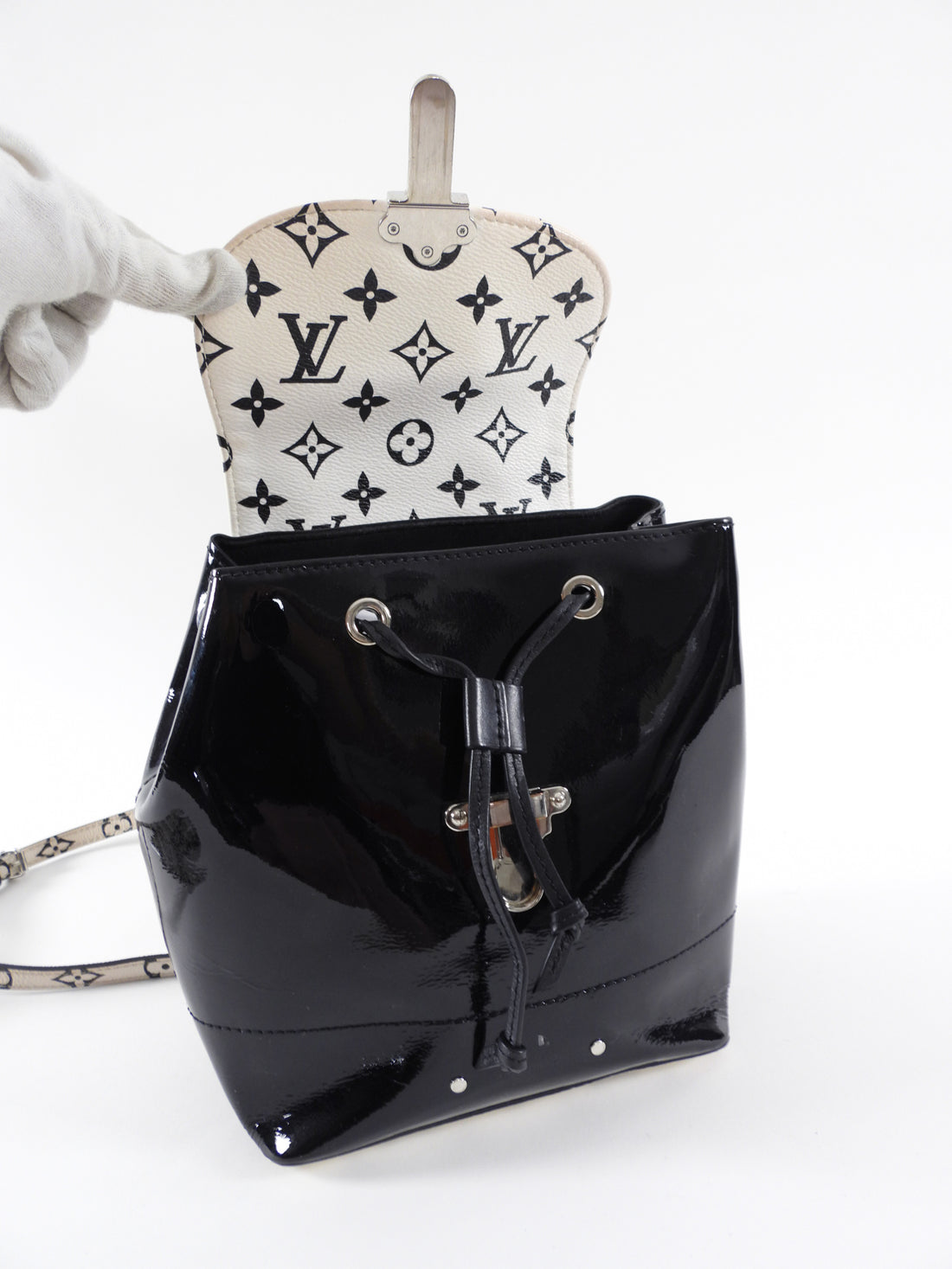 black and white louis vuitton backpack Louis Vuitton Black and White Patent Hot Springs Backpack – I MISS YOU VINTAGE