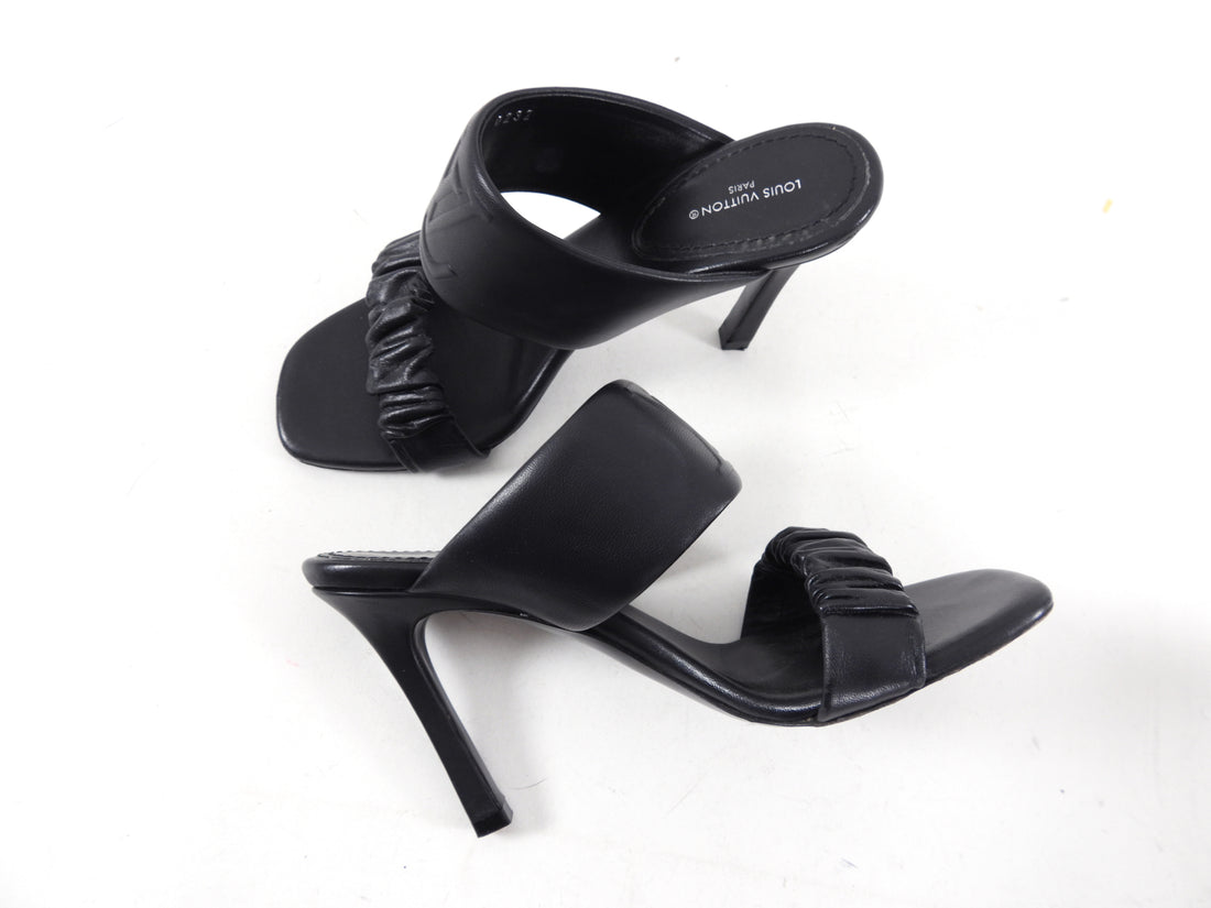 Louis Vuitton Black Drapy Leather Embossed Logo High Heel Sandals - 37