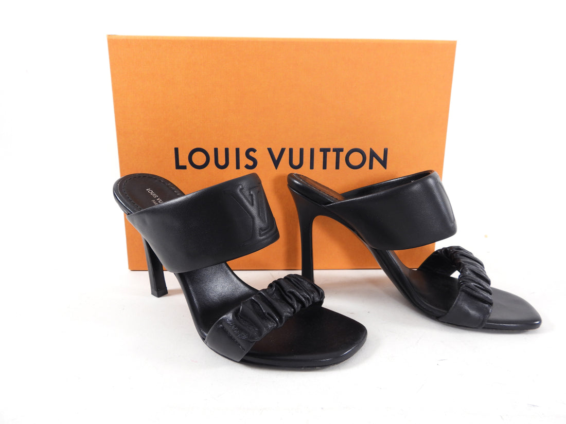 Louis Vuitton Black Drapy Leather Embossed Logo High Heel Sandals - 37