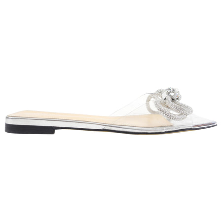 Mach & Mach Silver Flat Double Bow Crystal Sandals - 38.5 / 8