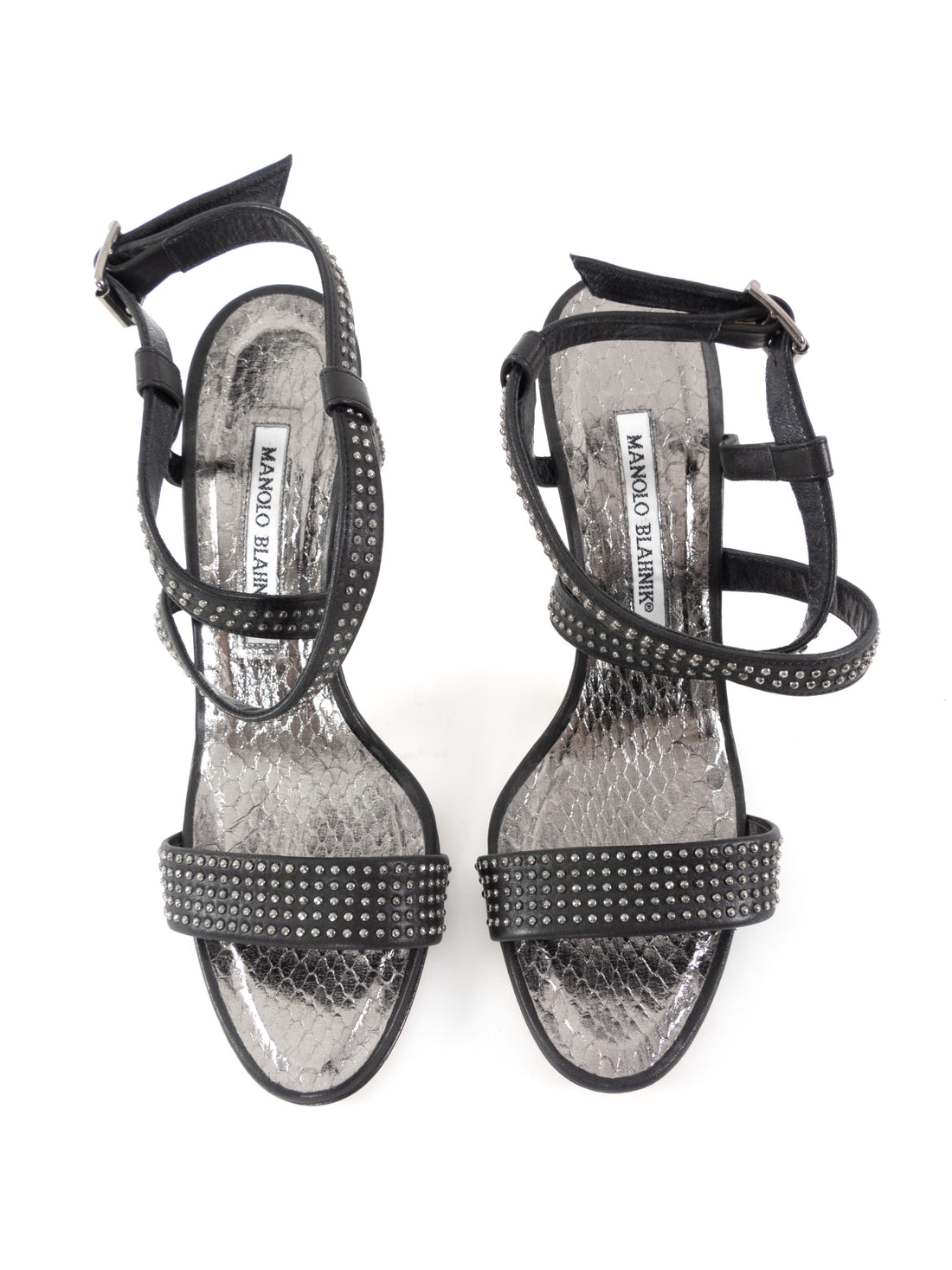 Manolo Blahnik Silver Studded Black Leather High Heel Sandals - 37.5