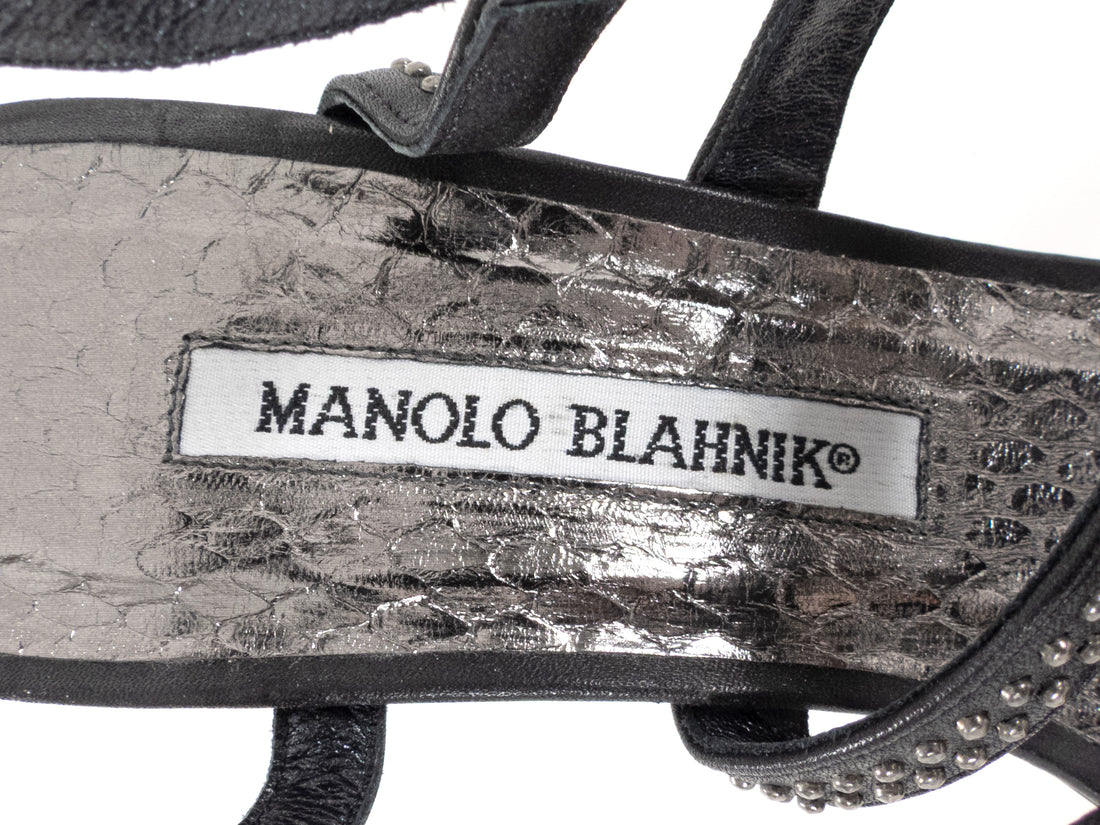 Manolo Blahnik Silver Studded Black Leather High Heel Sandals - 37.5