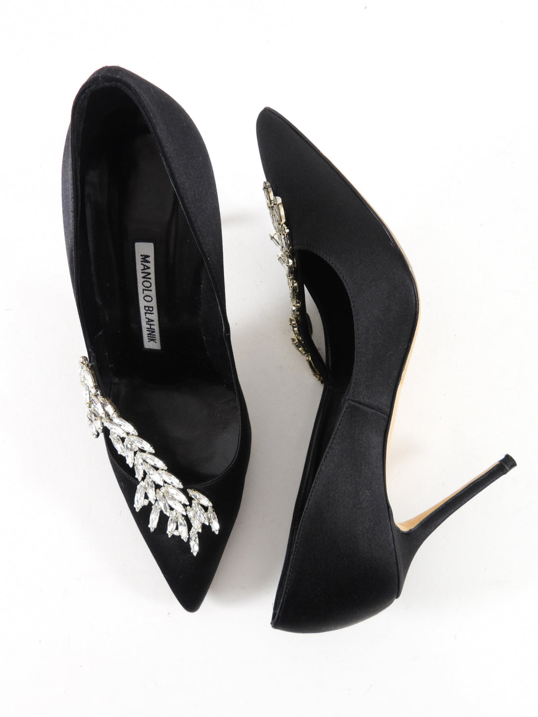 Manolo Blahnik Black Silk Satin Crystal Nadira Heels - 36.5 / 37