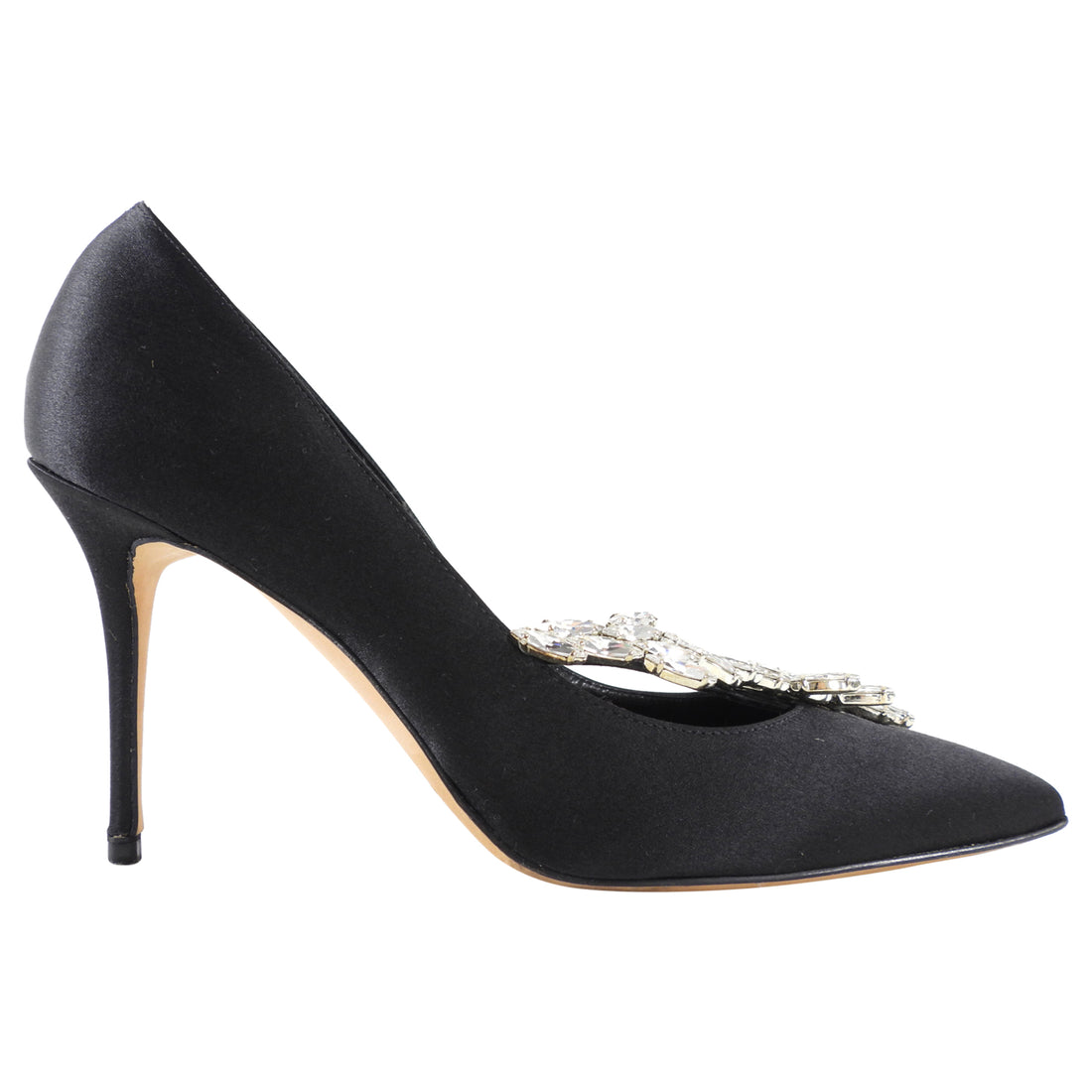 Manolo Blahnik Black Silk Satin Crystal Nadira Heels - 36.5 / 37