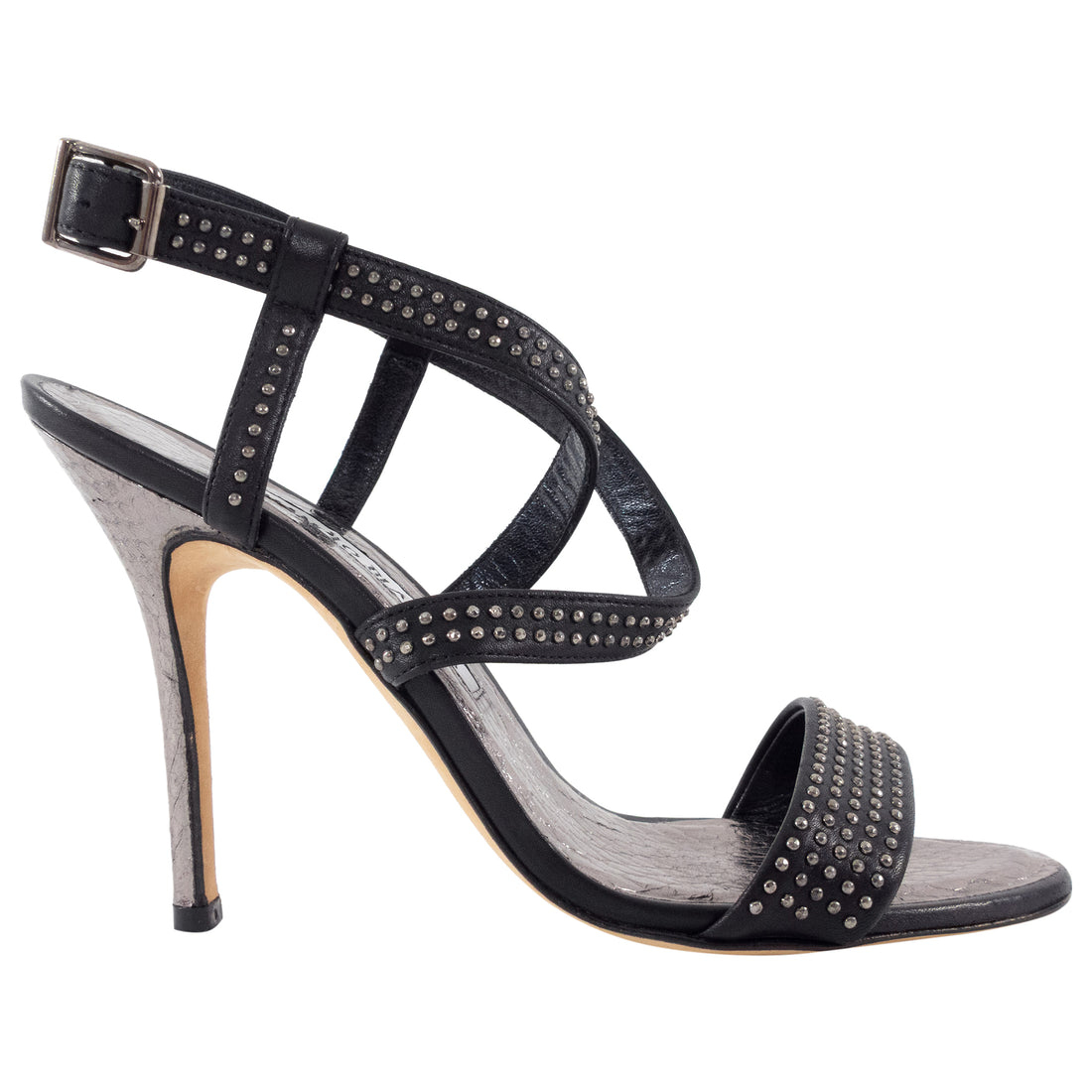Manolo Blahnik Silver Studded Black Leather High Heel Sandals - 37.5