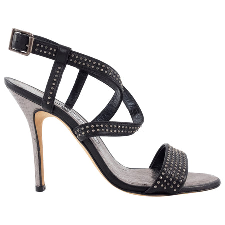 Manolo Blahnik Silver Studded Black Leather High Heel Sandals - 37.5