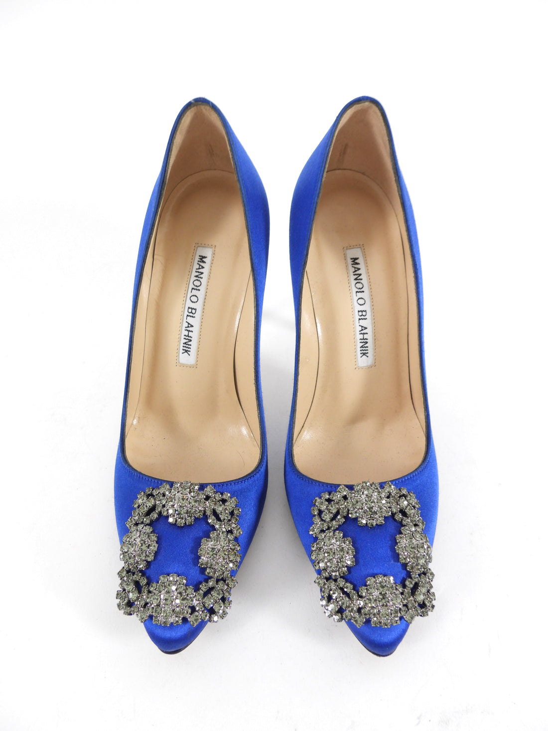 Manolo Blahnik Hangisi Blue Satin Jewel Buckle Pumps - 34.5