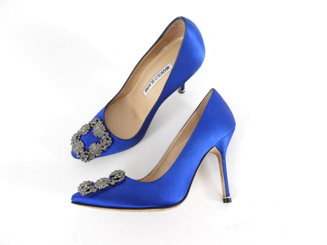 Manolo Blahnik Hangisi Blue Satin Jewel Buckle Pumps - 34.5