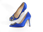 Manolo Blahnik Hangisi Blue Satin Jewel Buckle Pumps - 34.5