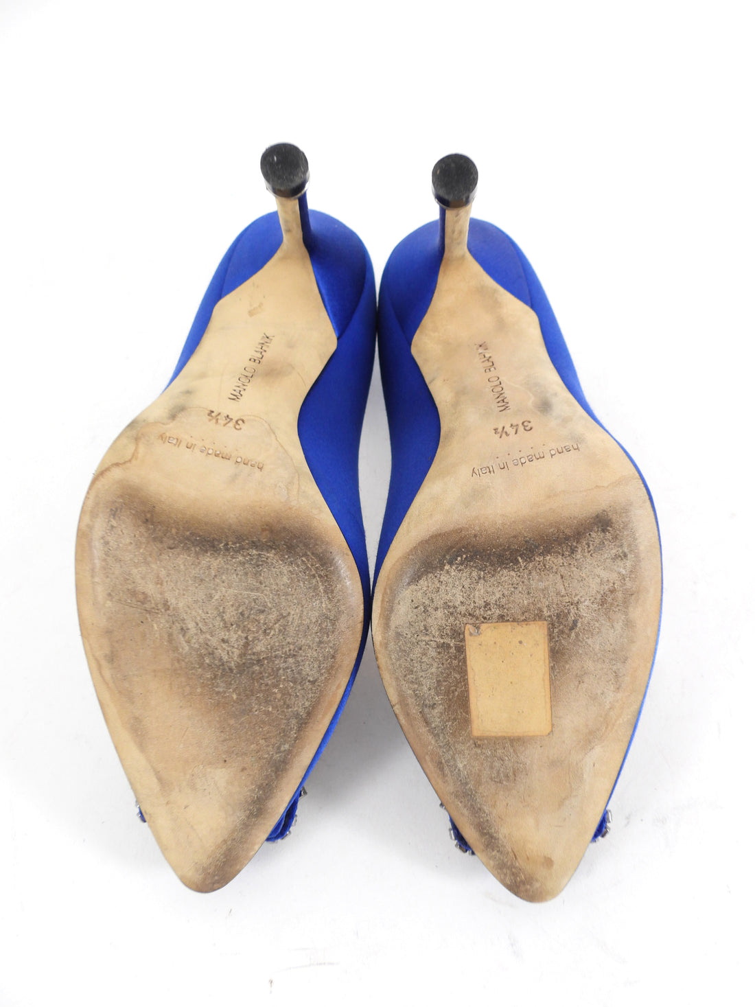 Manolo Blahnik Hangisi Blue Satin Jewel Buckle Pumps - 34.5