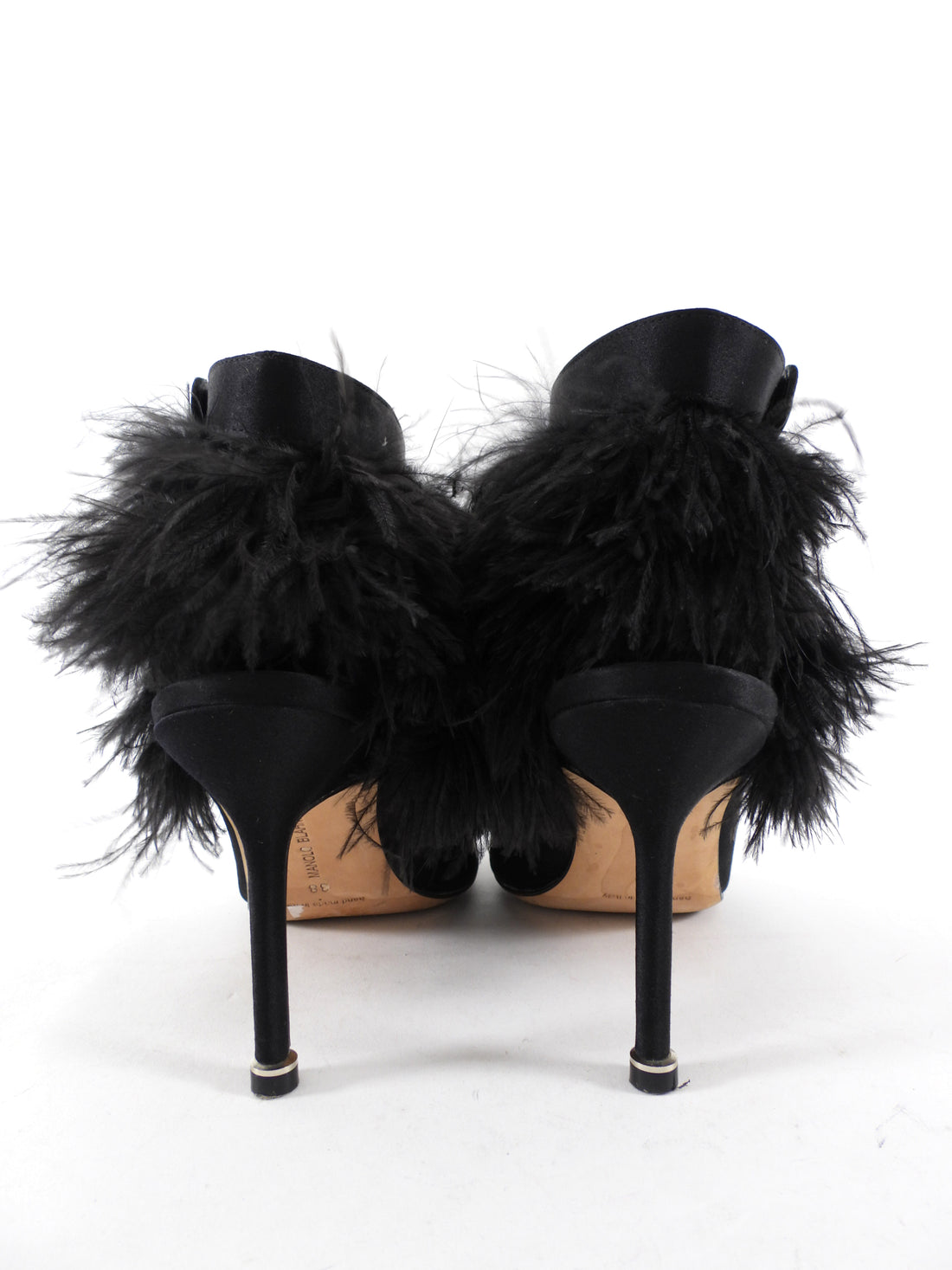 Manolo Blahnik Oterala Black Silk Satin Feather Heels - 38