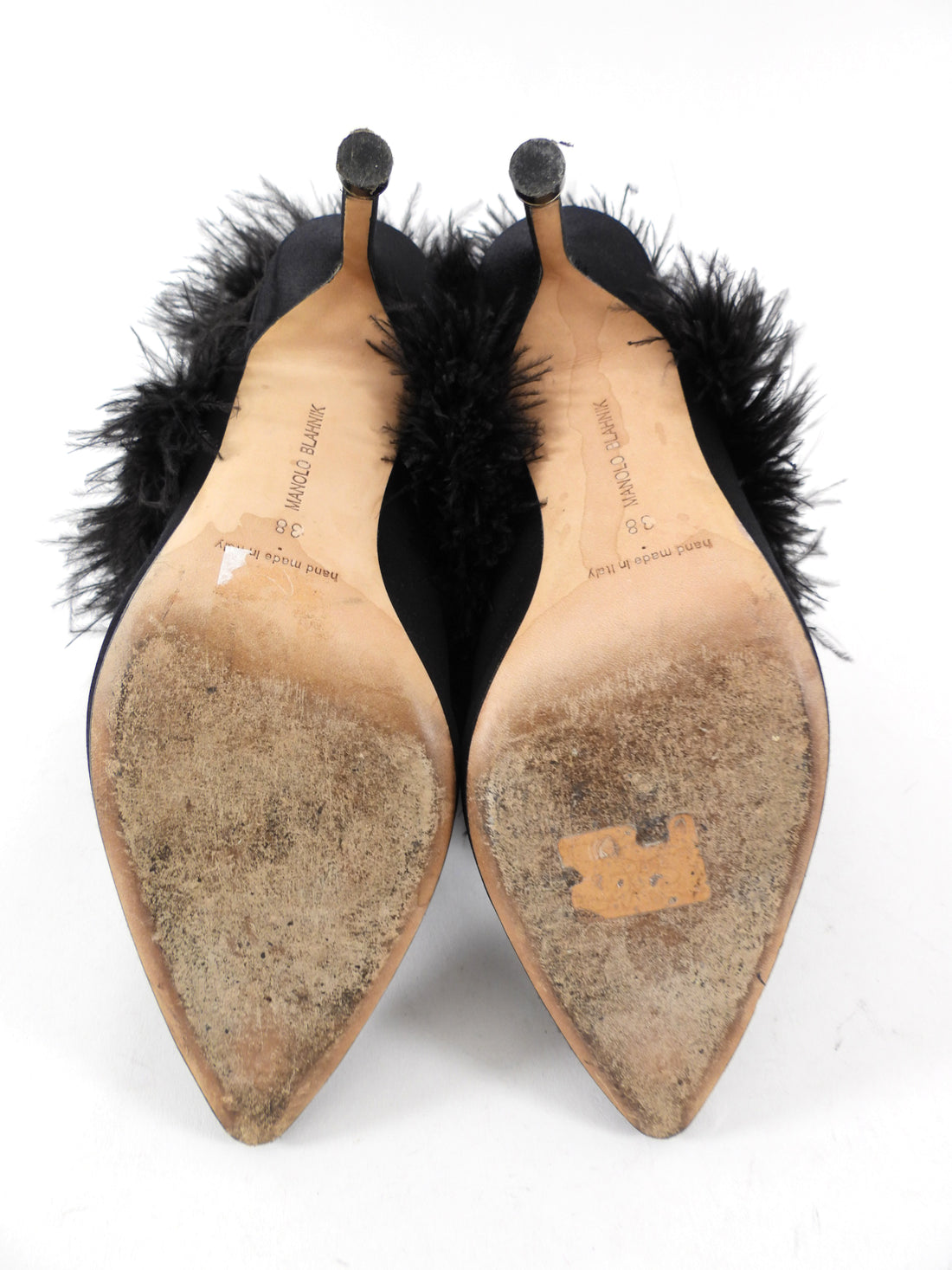 Manolo Blahnik Oterala Black Silk Satin Feather Heels - 38