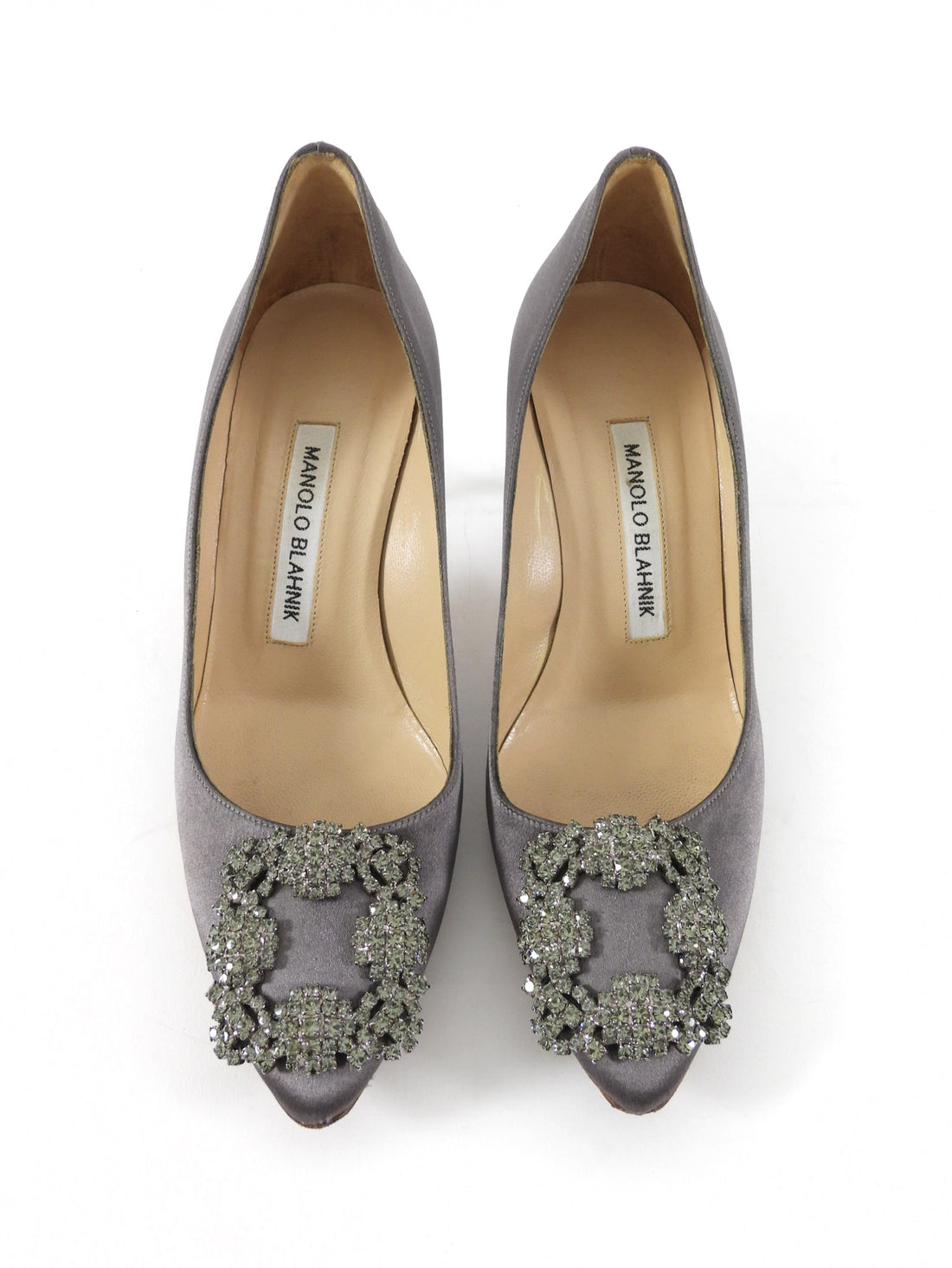 Manolo Blahnik Smoke Grey Silk Crystal Hangisi Pumps - 35.5