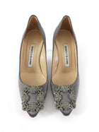 Manolo Blahnik Smoke Grey Silk Crystal Hangisi Pumps - 35.5