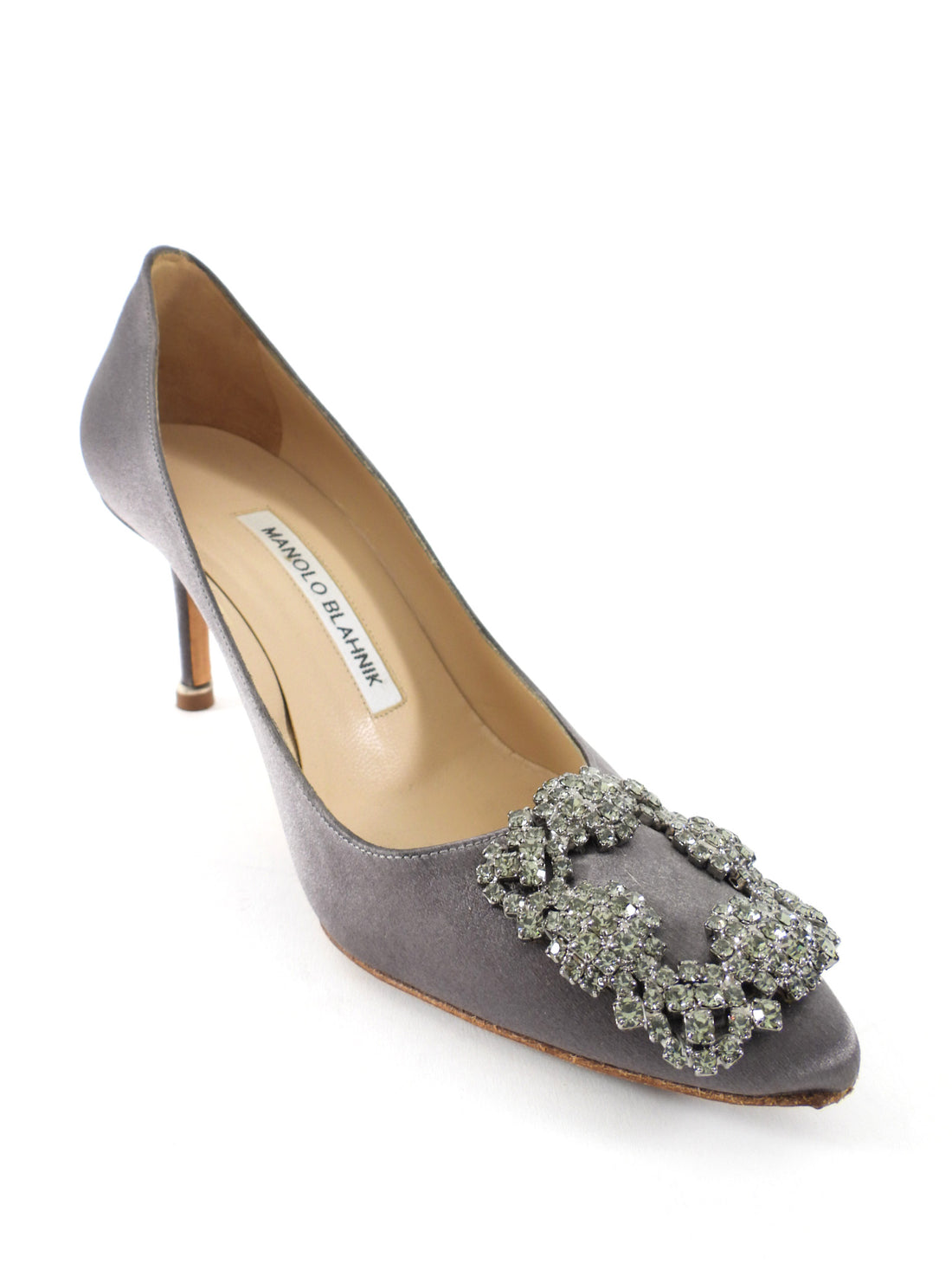 Manolo Blahnik Smoke Grey Silk Crystal Hangisi Pumps - 35.5