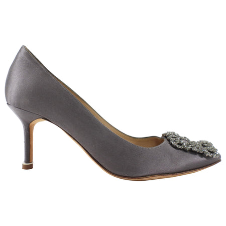 Manolo Blahnik Smoke Grey Silk Crystal Hangisi Pumps - 35.5