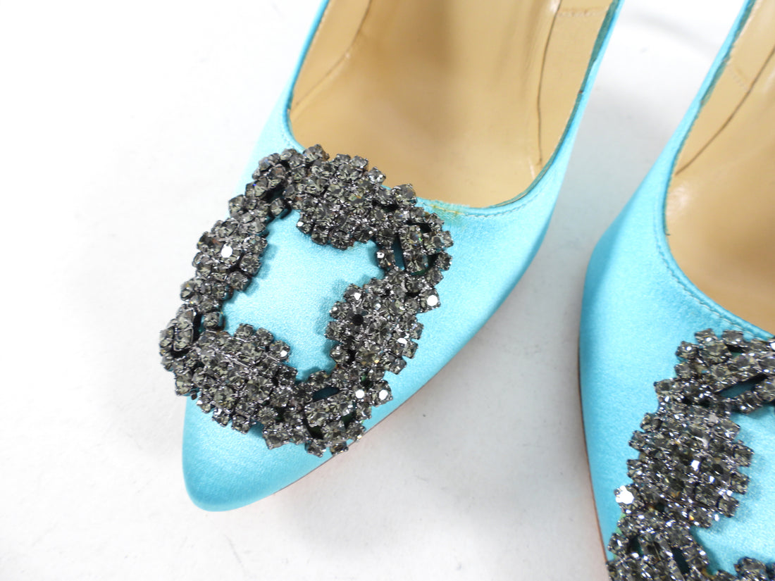 Manolo Blahnik Turquoise Silk Hangisi 105 Pumps - 36