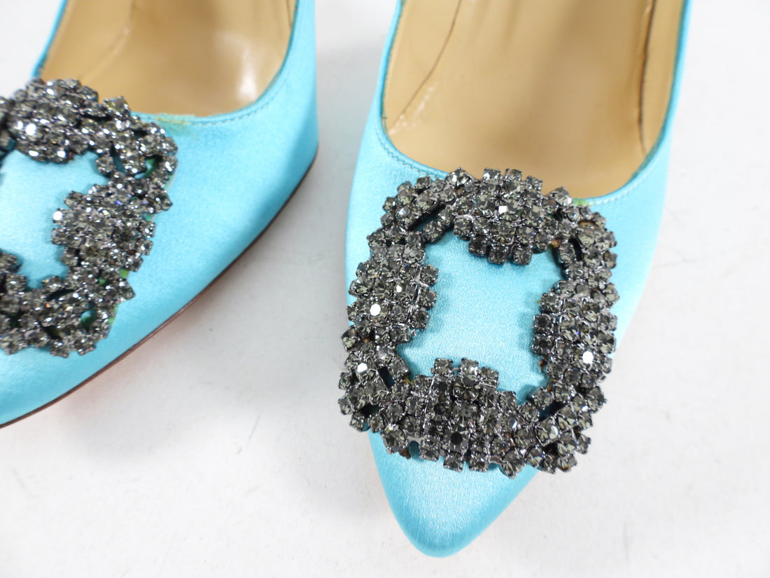 Manolo Blahnik Turquoise Silk Hangisi 105 Pumps - 36