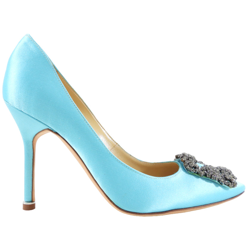 Manolo Blahnik Turquoise Silk Hangisi 105 Pumps - 36