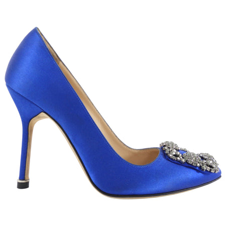 Manolo Blahnik Hangisi Blue Satin Jewel Buckle Pumps - 34.5
