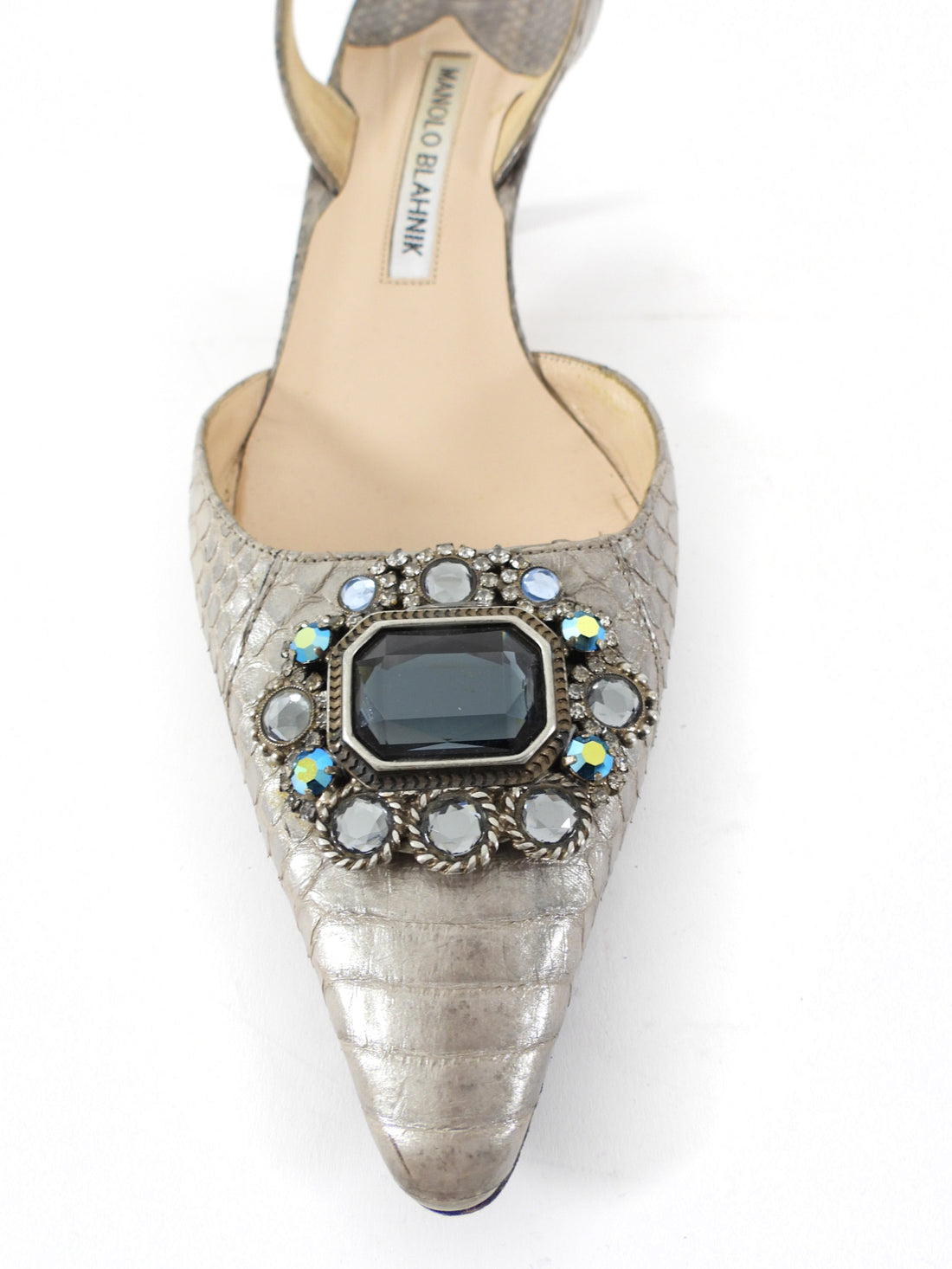 Manolo Blahnik Silver Metallic Python Jeweled Slingback Kitten Heels - 39 / 38.5