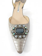Manolo Blahnik Silver Metallic Python Jeweled Slingback Kitten Heels - 39 / 38.5