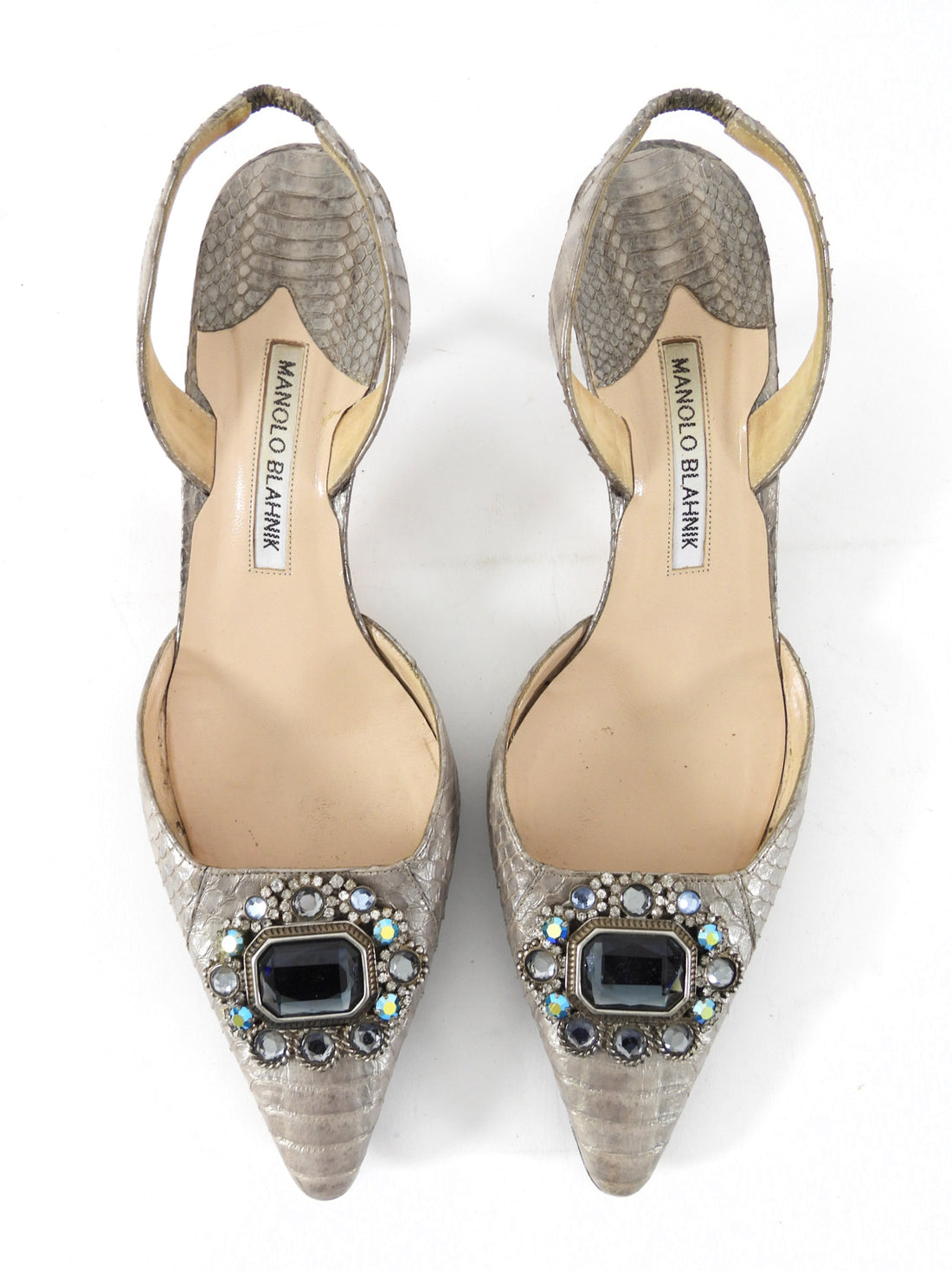 Manolo Blahnik Silver Metallic Python Jeweled Slingback Kitten Heels - 39 / 38.5