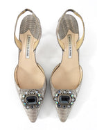 Manolo Blahnik Silver Metallic Python Jeweled Slingback Kitten Heels - 39 / 38.5