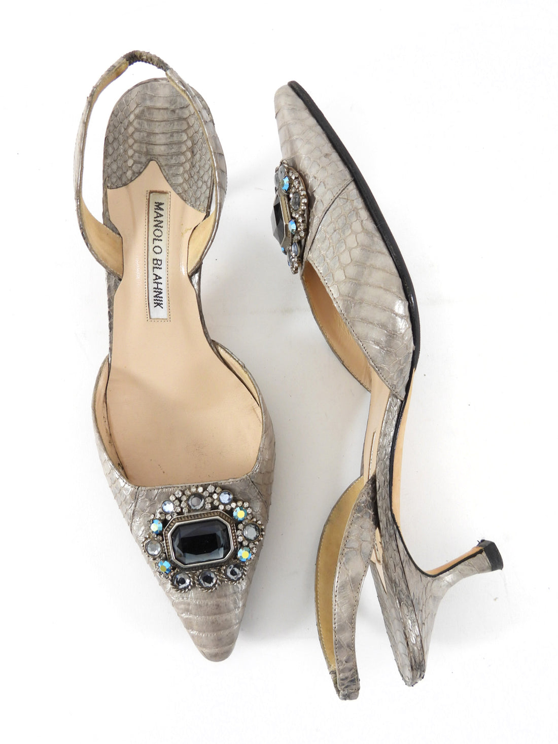 Manolo Blahnik Silver Metallic Python Jeweled Slingback Kitten Heels - 39 / 38.5