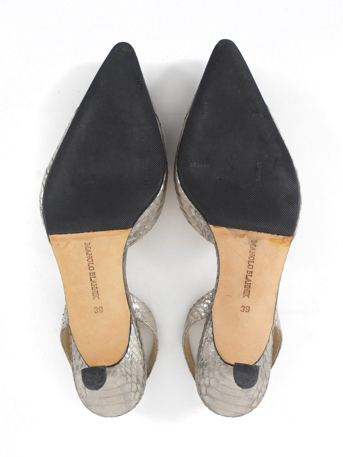 Manolo Blahnik Silver Metallic Python Jeweled Slingback Kitten Heels - 39 / 38.5