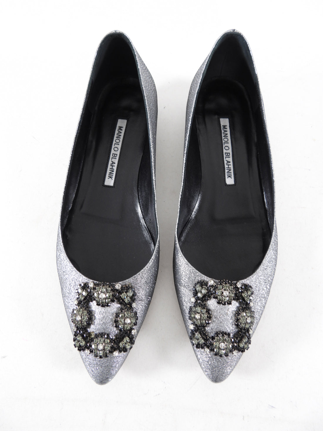 Manolo Blahnik Silver Metallic Hangisi Crystal Buckle Flats - 38