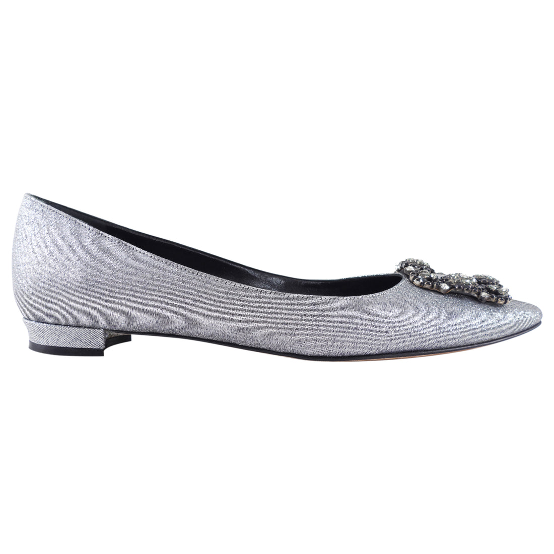 Manolo Blahnik Silver Metallic Hangisi Crystal Buckle Flats - 38