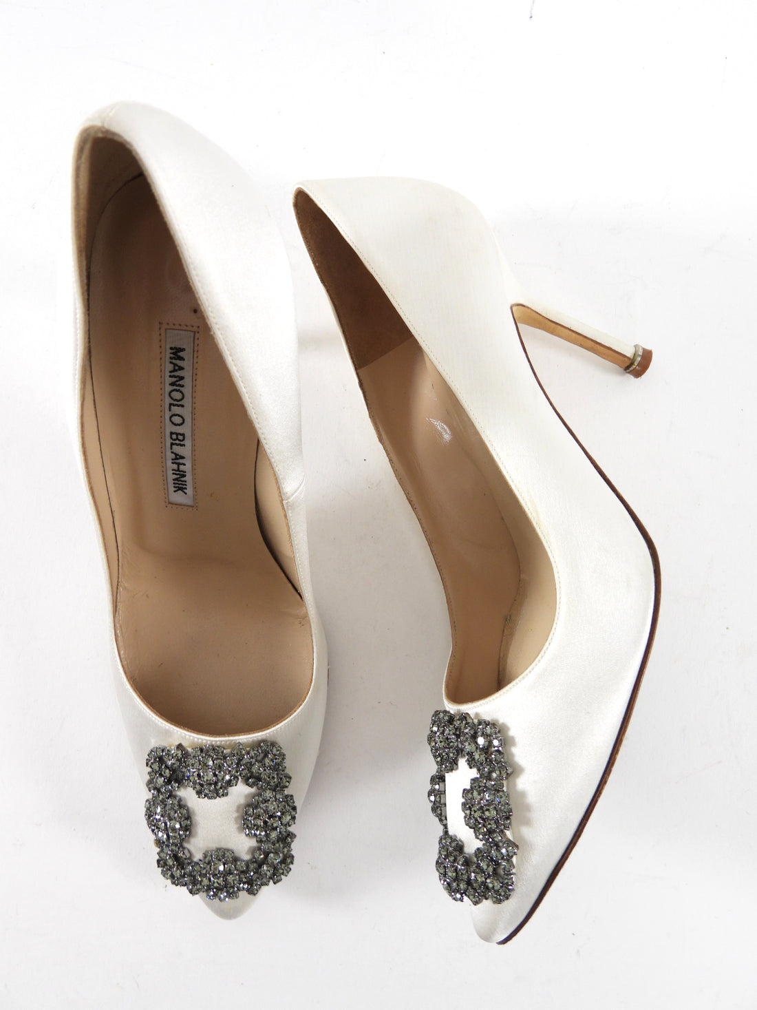 Manolo Blahnik White Silk Satin Crystal Hangisi Pumps - 36.5 / 37