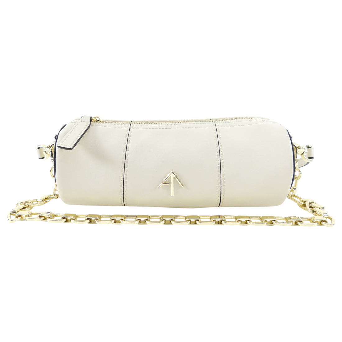 Manu Atelier Small Ivory Leather Barrel Bag with Chain Strap