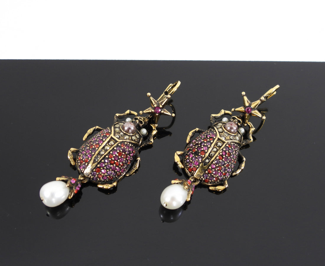 Alexander McQueen Garnet Scarab Beetle Earrings with Pearl Drops